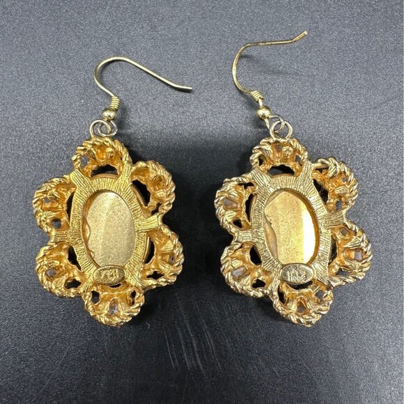 Vintage Dangle Earrings Hobe Embroidered Floral Gold Tone Faux Pearls Flowers - Picture 3 of 9